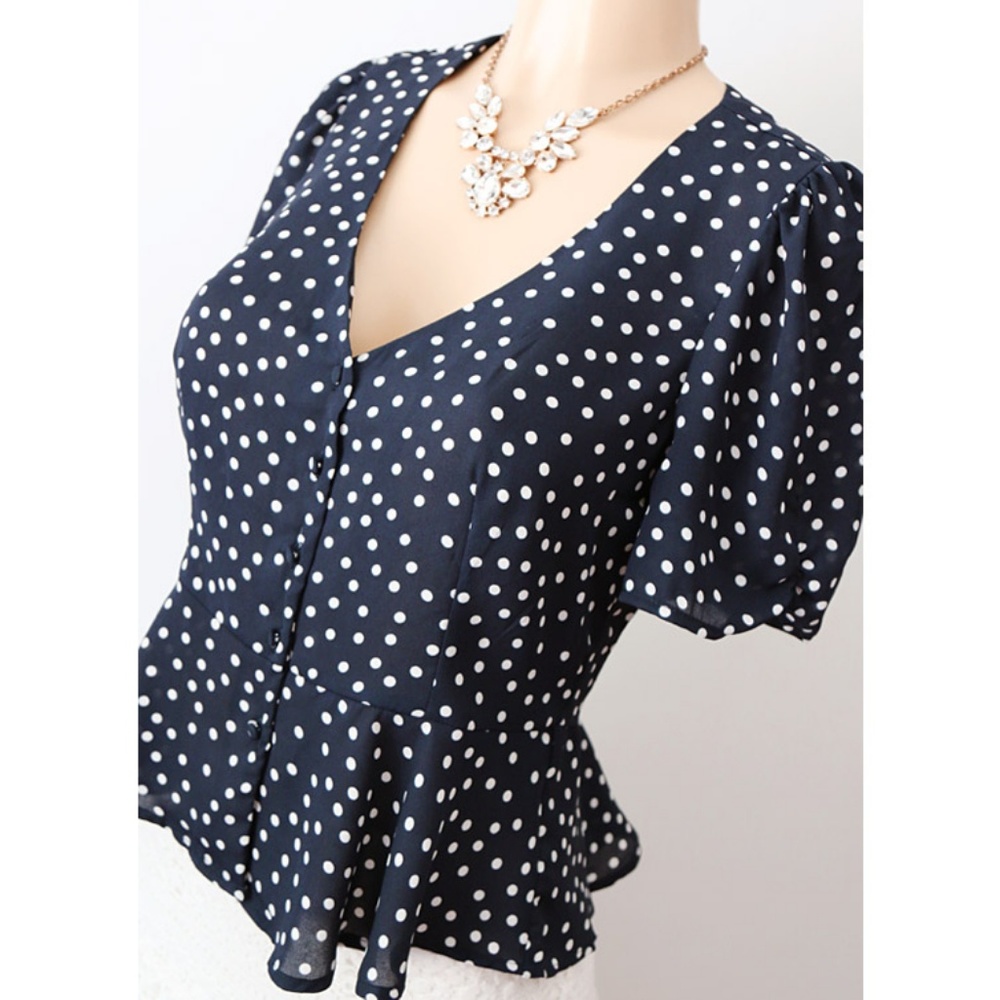 Navy Polka Dot Deep V Neck Button Peplum Shirt Top - Picture 2 of 8